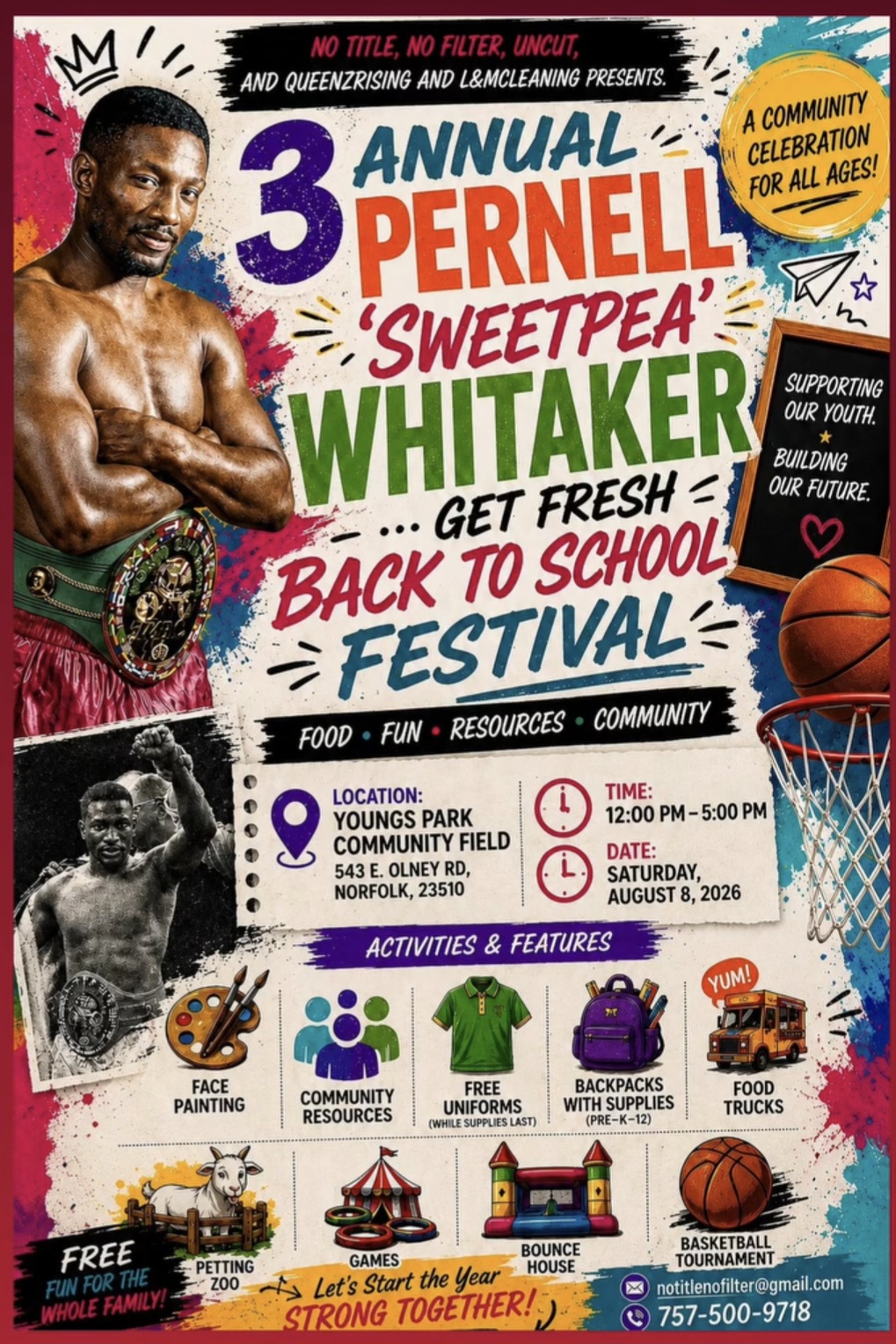 Flyer for the 3rd Annual Pernell “Sweet Pea” Whitaker Get Fresh Back to School Festival, Saturday August 8, 2026, 12:00 PM to 5:00 PM at Youngs Park Community Field, 543 E. Olney Rd, Norfolk, VA 23510