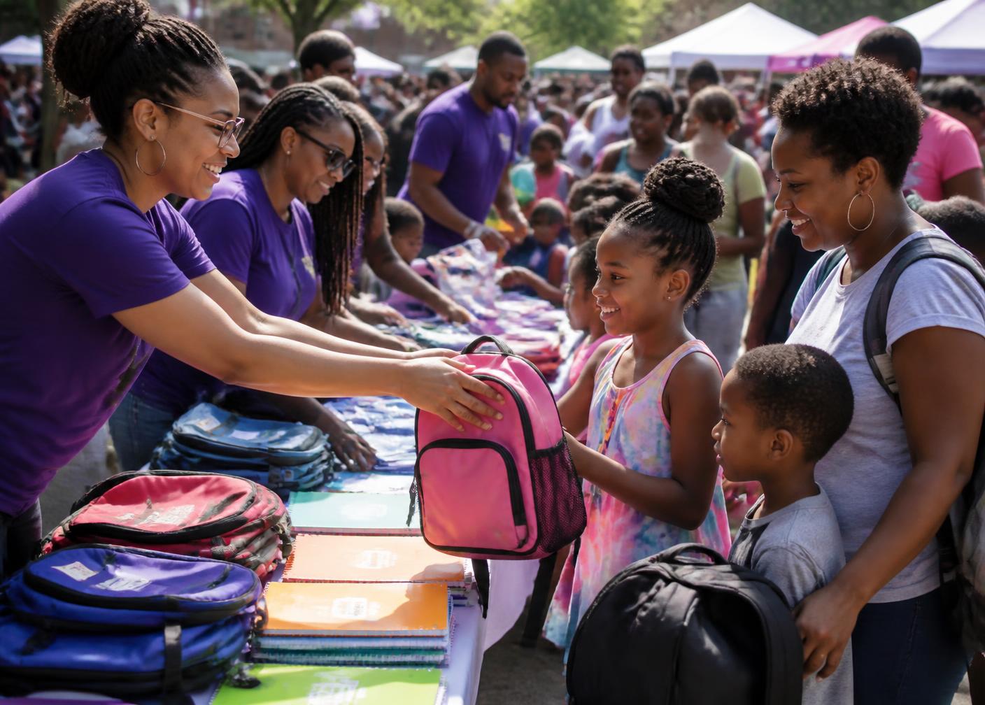 Volunteers handing new backpacks to Black children and families at an outdoor back-to-school festival