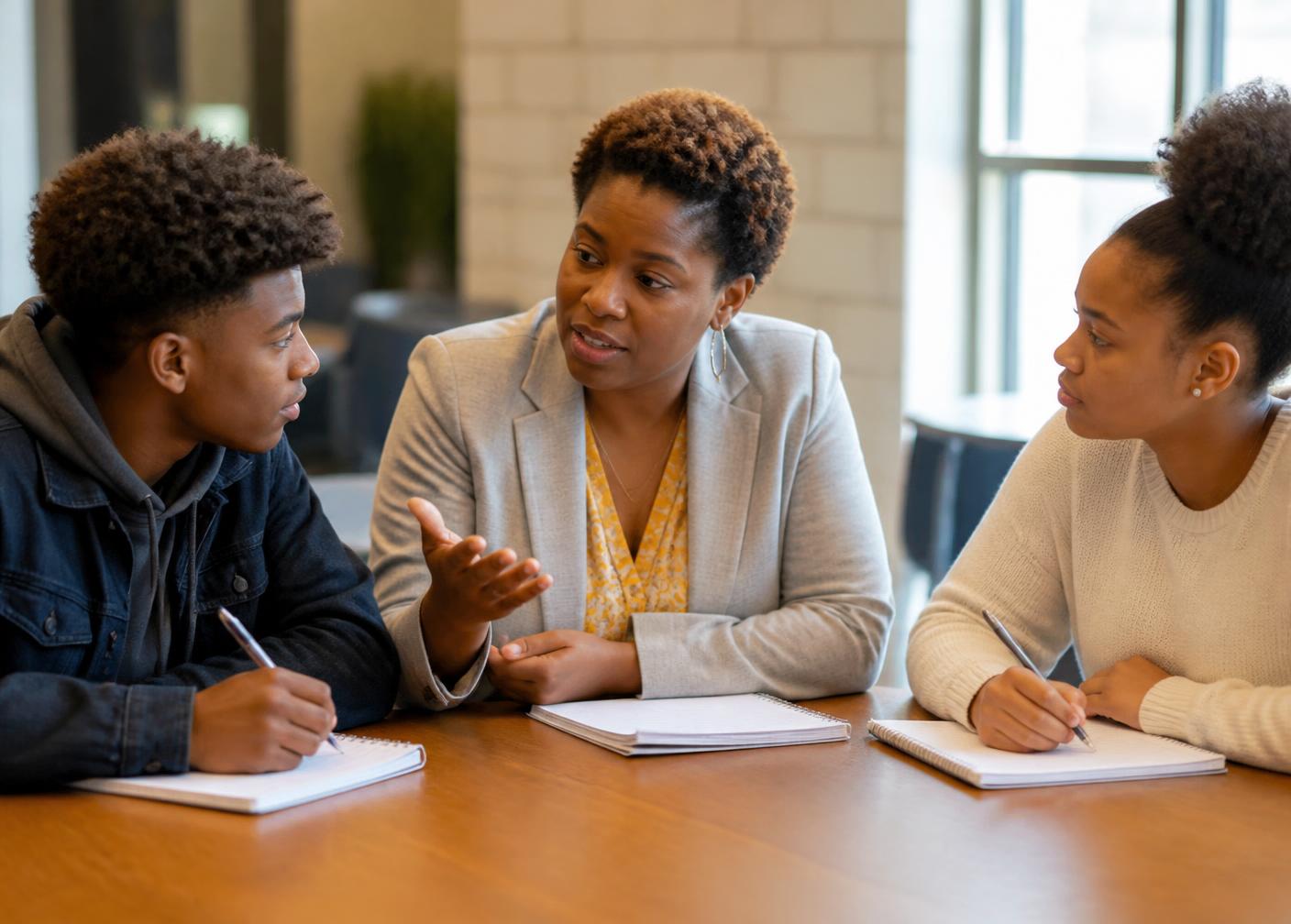 A Black woman mentor in conversation with two African-American teens taking notes at a table
